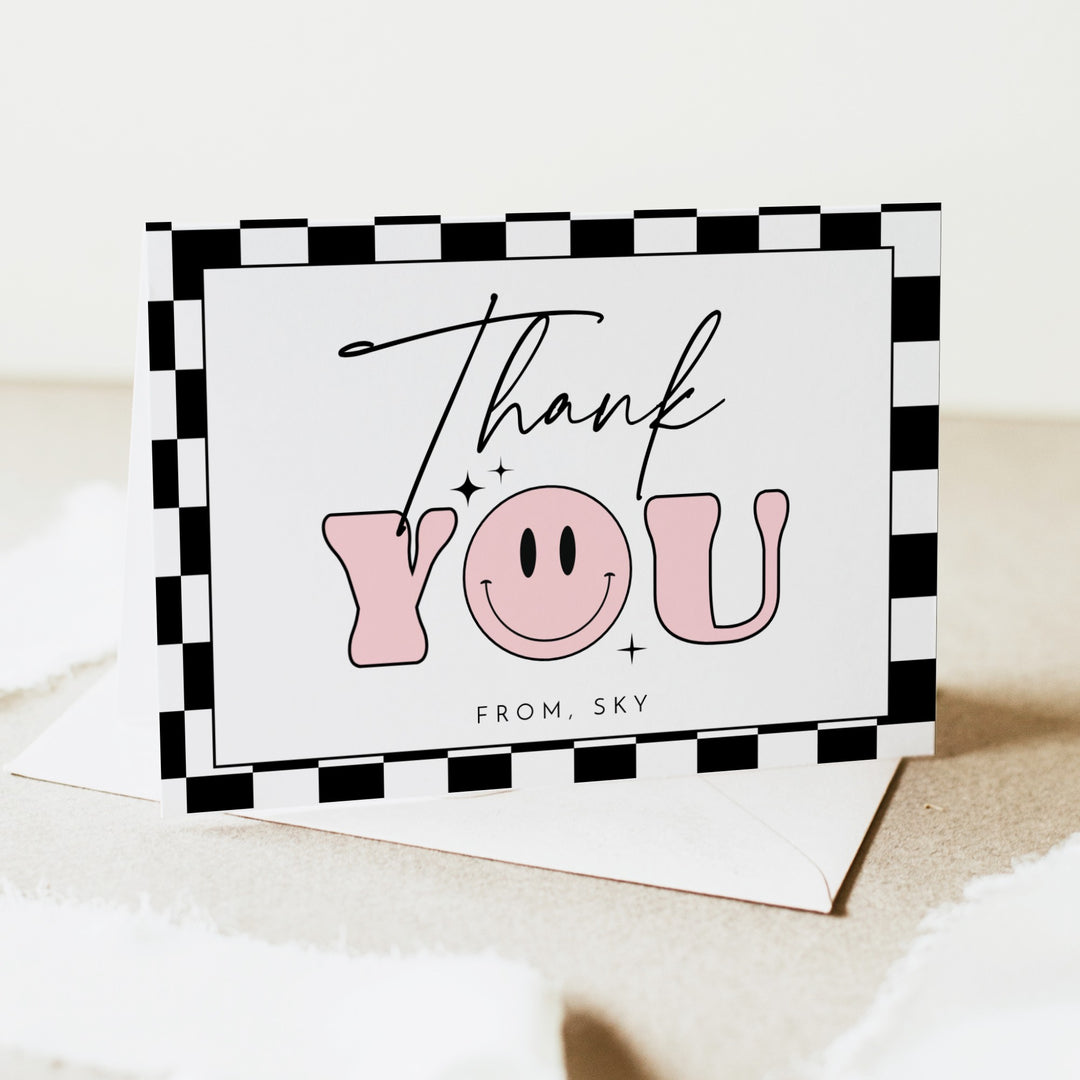 TRAVIS Personalized Pink Retro Smiley First Birthday Thank You Cards with Envelope