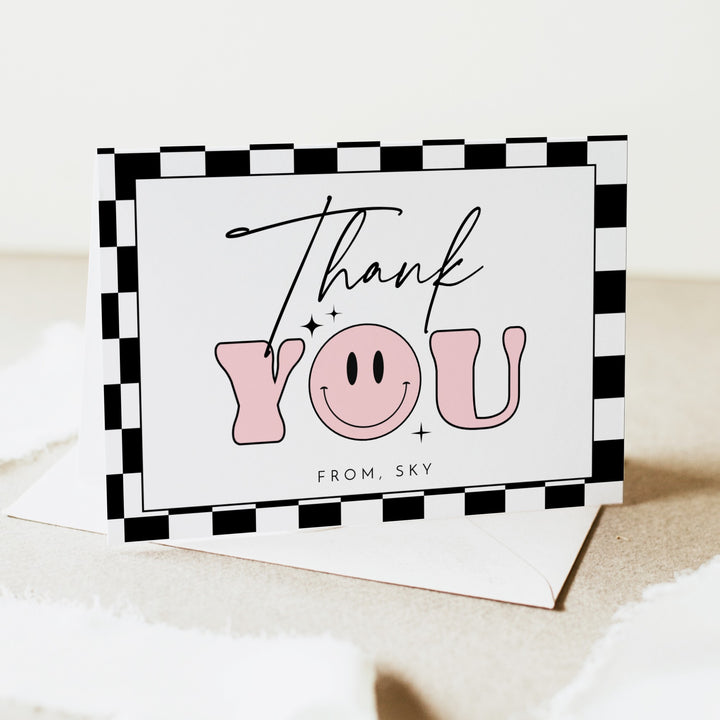 TRAVIS Personalized Pink Retro Smiley First Birthday Thank You Cards with Envelope