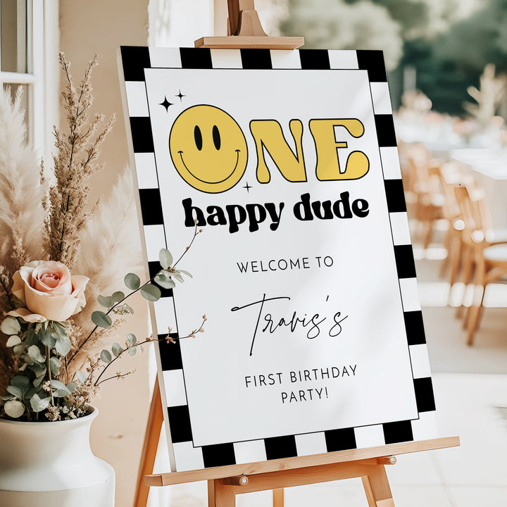 TRAVIS One Happy Dude Retro Smiley First Birthday Party Welcome Sign