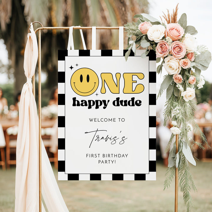 TRAVIS One Happy Dude Retro Smiley First Birthday Party Welcome Sign