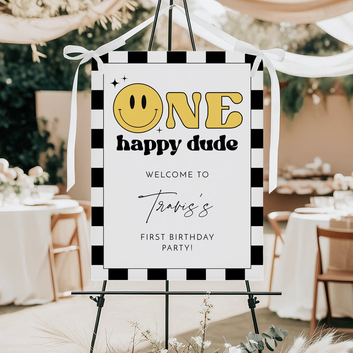 TRAVIS One Happy Dude Retro Smiley First Birthday Party Welcome Sign