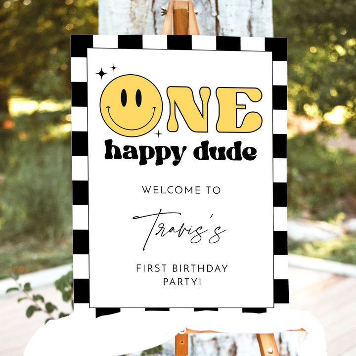 TRAVIS One Happy Dude Retro Smiley First Birthday Party Welcome Sign