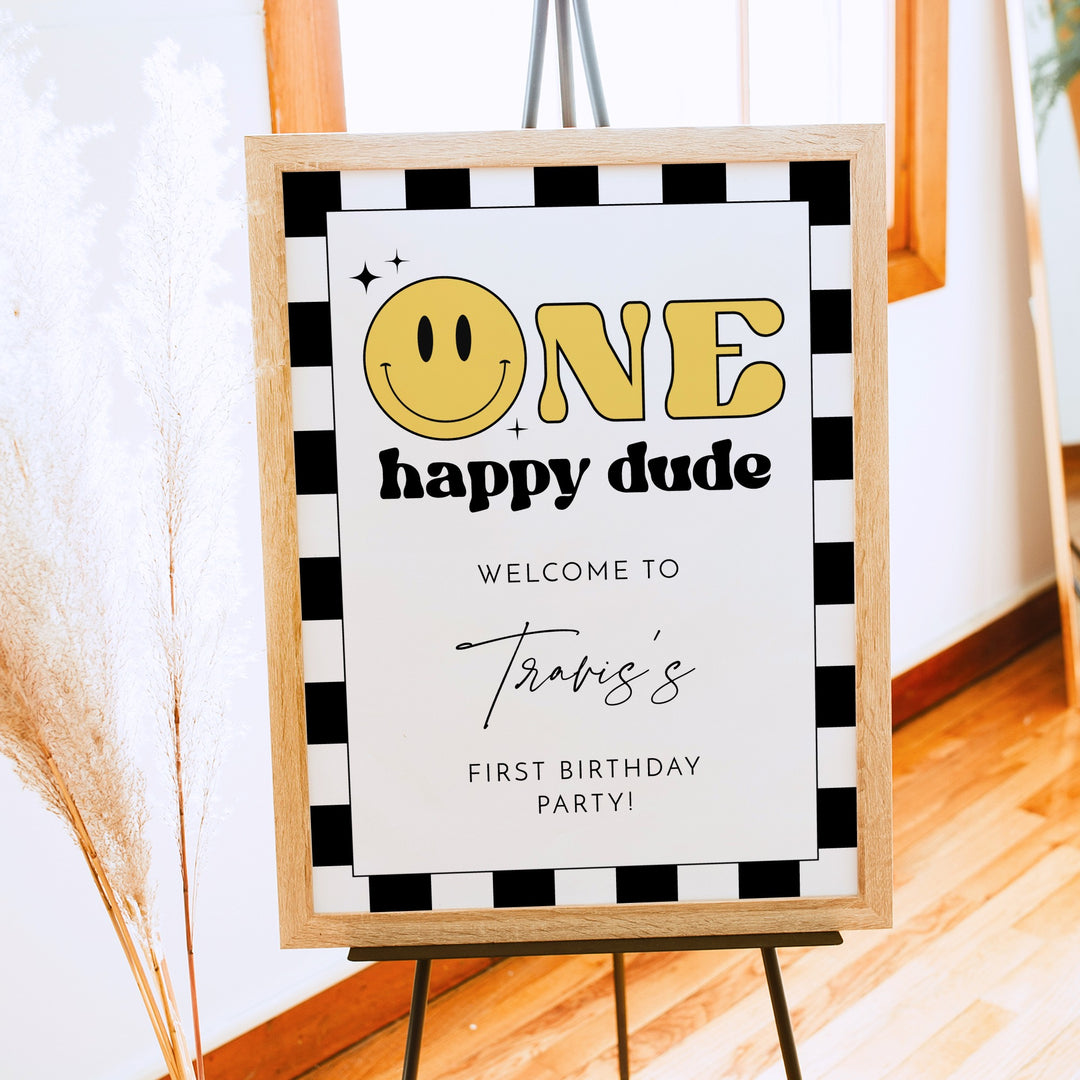 TRAVIS One Happy Dude Retro Smiley First Birthday Party Welcome Sign