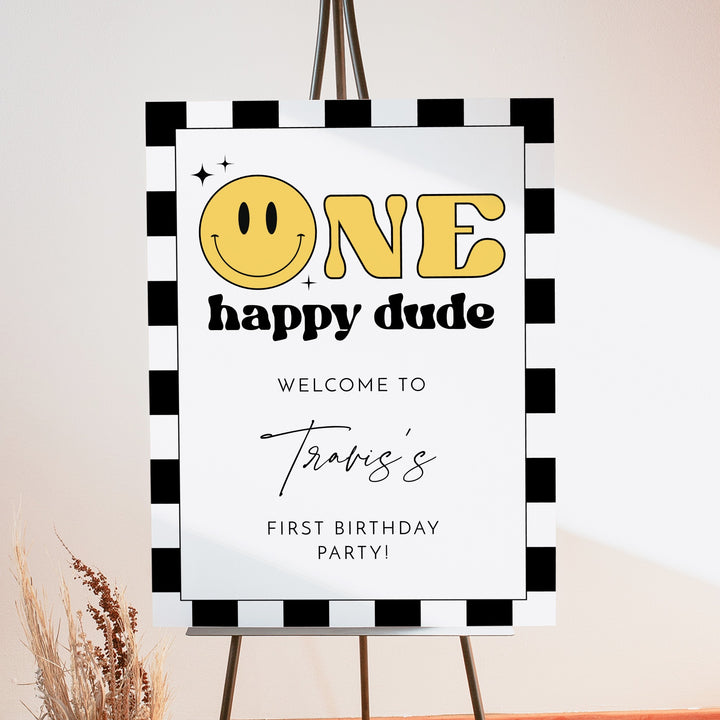 TRAVIS One Happy Dude Retro Smiley First Birthday Party Welcome Sign