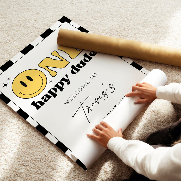 TRAVIS One Happy Dude Retro Smiley First Birthday Party Welcome Sign