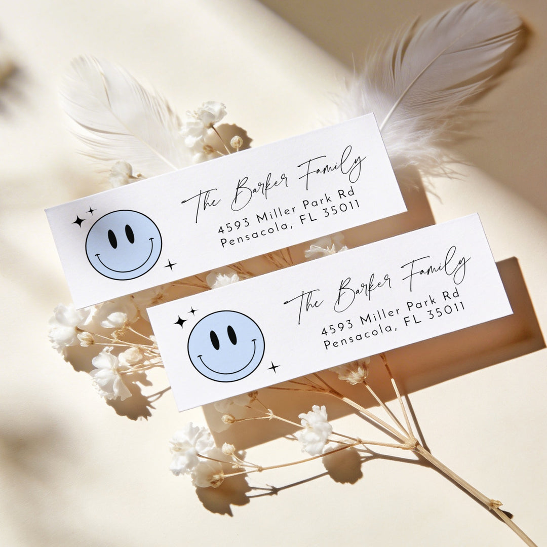 TRAVIS BLUE Retro Smiley Face Birthday Party Return Address Labels