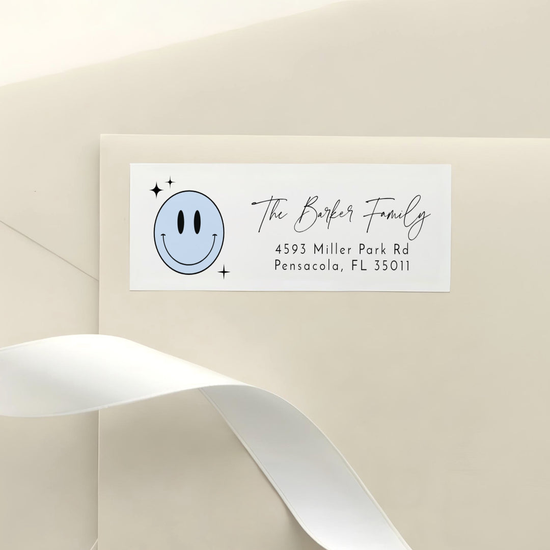 TRAVIS BLUE Retro Smiley Face Birthday Party Return Address Labels