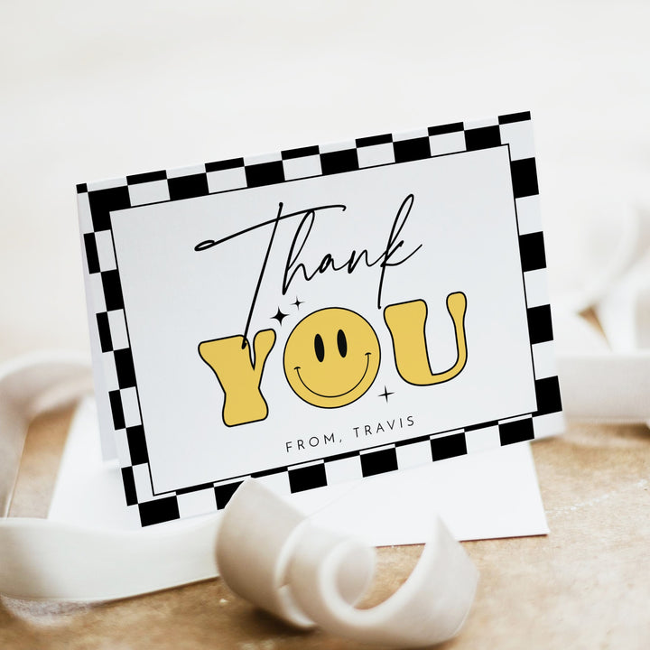 TRAVIS Personalized Retro Smiley First Birthday Thank You Cards with Envelope