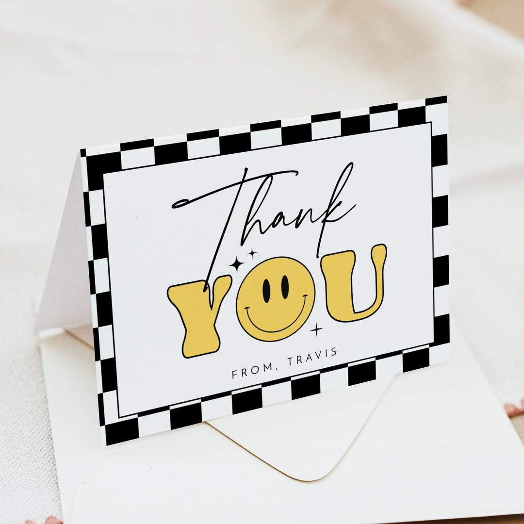 TRAVIS Personalized Retro Smiley First Birthday Thank You Cards with Envelope