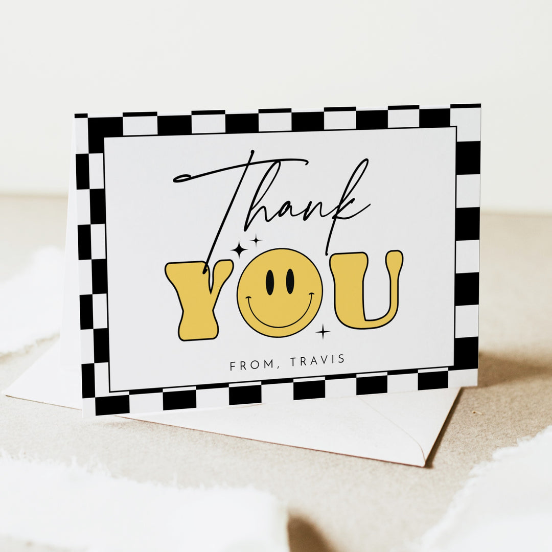 TRAVIS Personalized Retro Smiley First Birthday Thank You Cards with Envelope