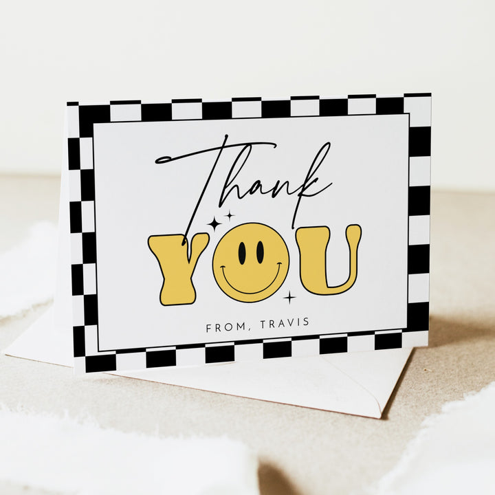 TRAVIS Personalized Retro Smiley First Birthday Thank You Cards with Envelope