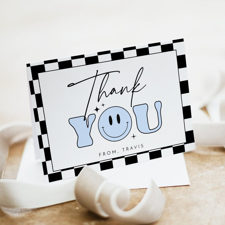 TRAVIS Personalized Blue Retro Smiley First Birthday Thank You Cards with Envelope