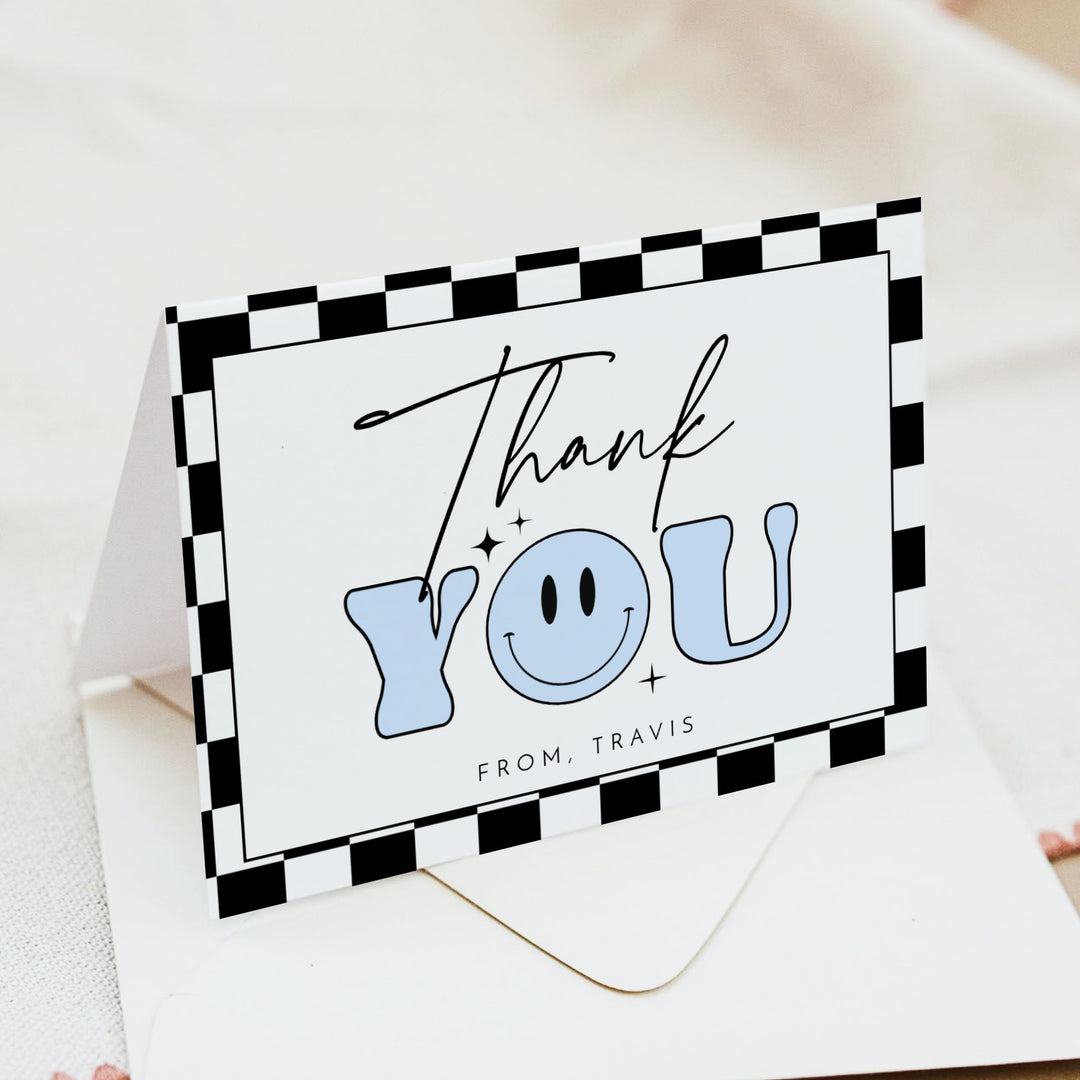 TRAVIS Personalized Blue Retro Smiley First Birthday Thank You Cards with Envelope
