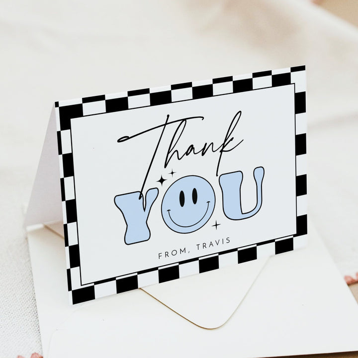 TRAVIS Personalized Blue Retro Smiley First Birthday Thank You Cards with Envelope