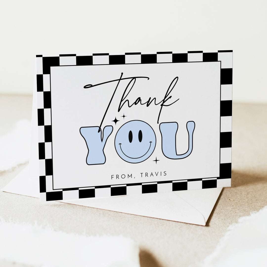 TRAVIS Personalized Blue Retro Smiley First Birthday Thank You Cards with Envelope