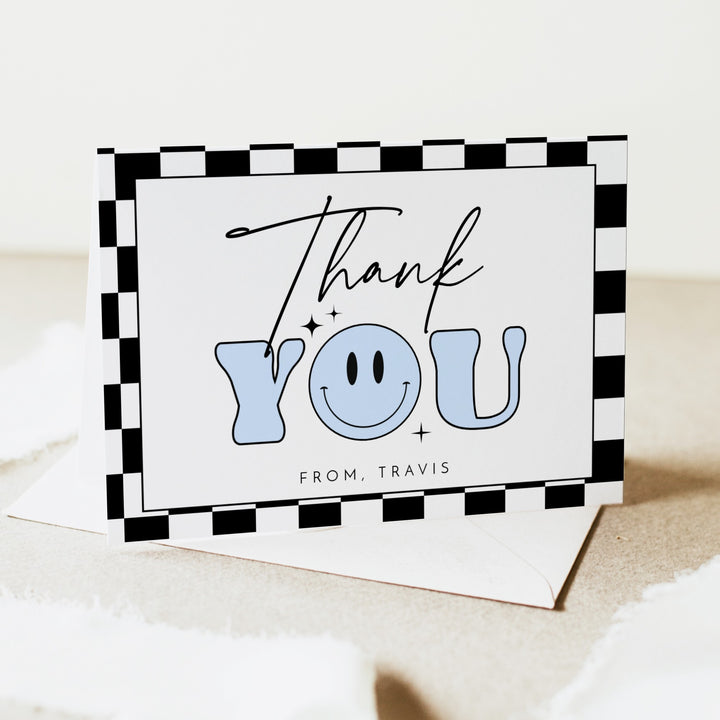 TRAVIS Personalized Blue Retro Smiley First Birthday Thank You Cards with Envelope