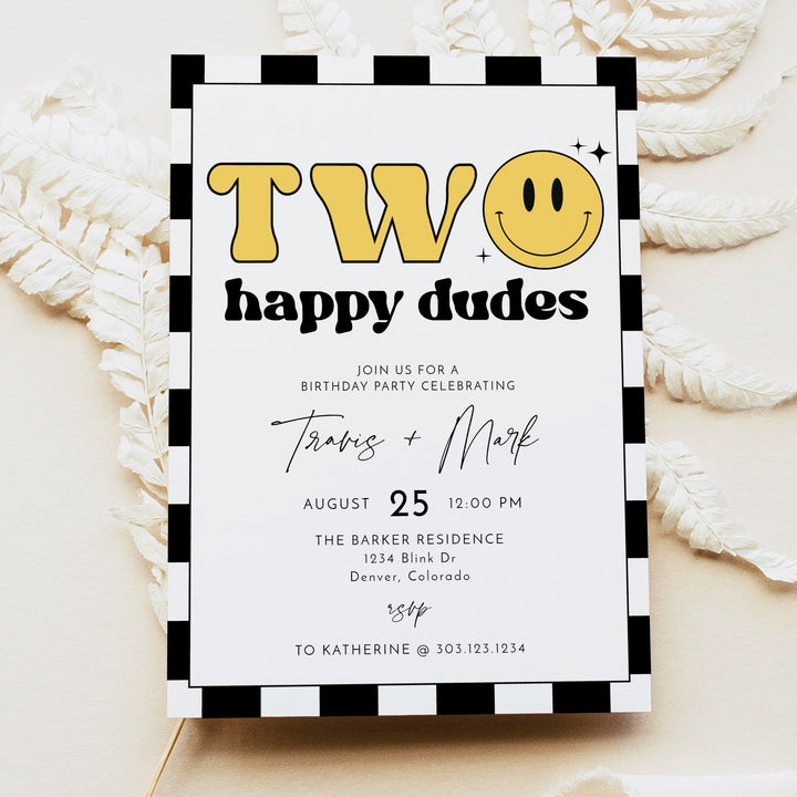TRAVIS Two Happy Dudes Twins Retro Checkered First Birthday Party Invitation