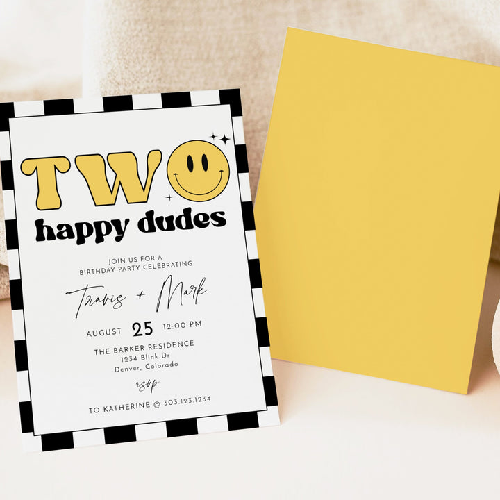 TRAVIS Two Happy Dudes Twins Retro Checkered First Birthday Party Invitation