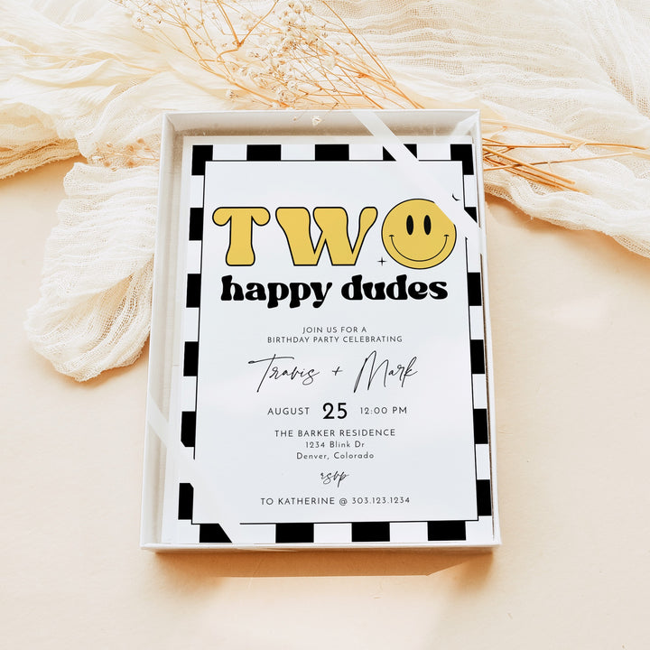 TRAVIS Two Happy Dudes Twins Retro Checkered First Birthday Party Invitation