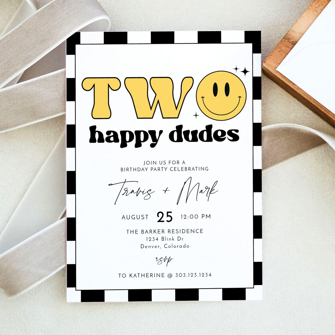 TRAVIS Two Happy Dudes Twins Retro Checkered First Birthday Party Invitation