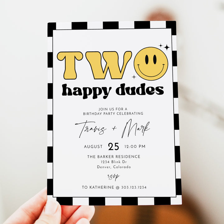 TRAVIS Two Happy Dudes Twins Retro Checkered First Birthday Party Invitation