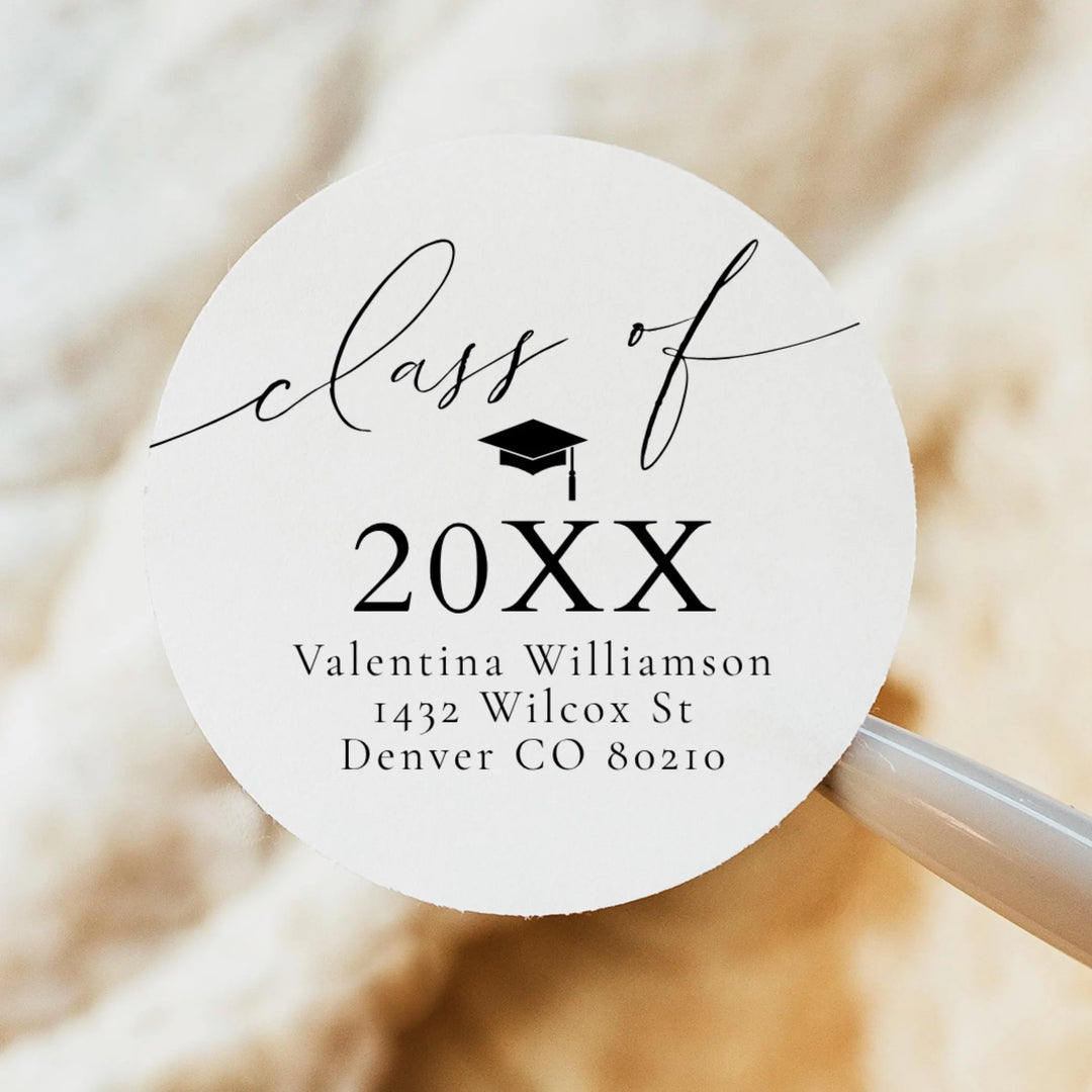 VALENTINA Round Black & White Graduation Return Address Sticker