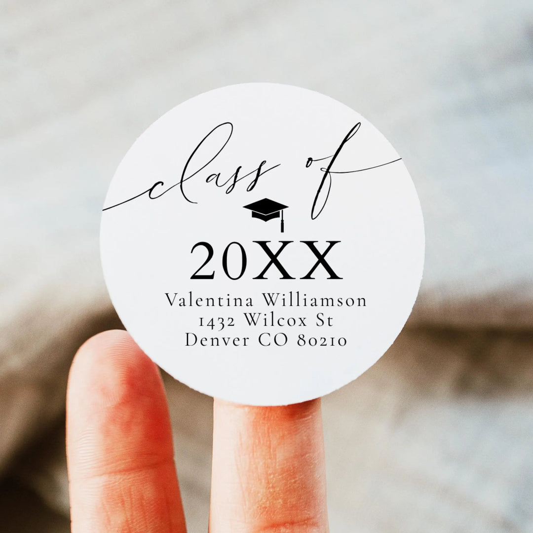 VALENTINA Round Black & White Graduation Return Address Sticker