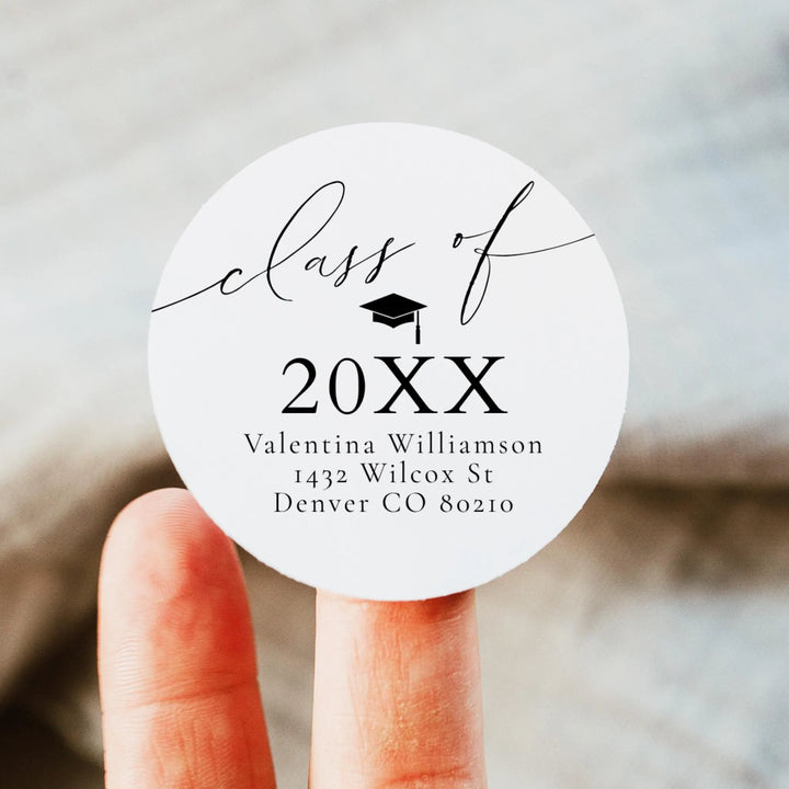 VALENTINA Round Black & White Graduation Return Address Sticker