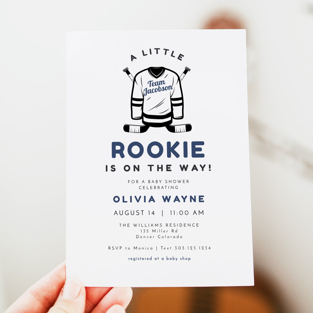 WAYNE A Little Rookie on the Way Hockey Jersey Baby Shower Invitation
