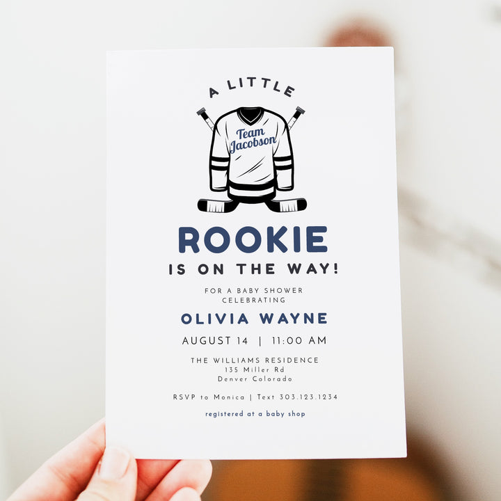 WAYNE A Little Rookie on the Way Hockey Jersey Baby Shower Invitation