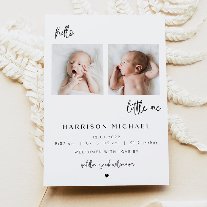 WILLOW Black & White Modern Minimalist Hello Little One Birth Announcement Photo Card