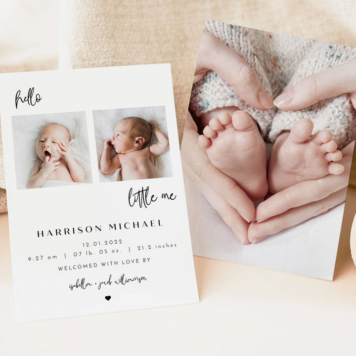 WILLOW Black & White Modern Minimalist Hello Little One Birth Announcement Photo Card