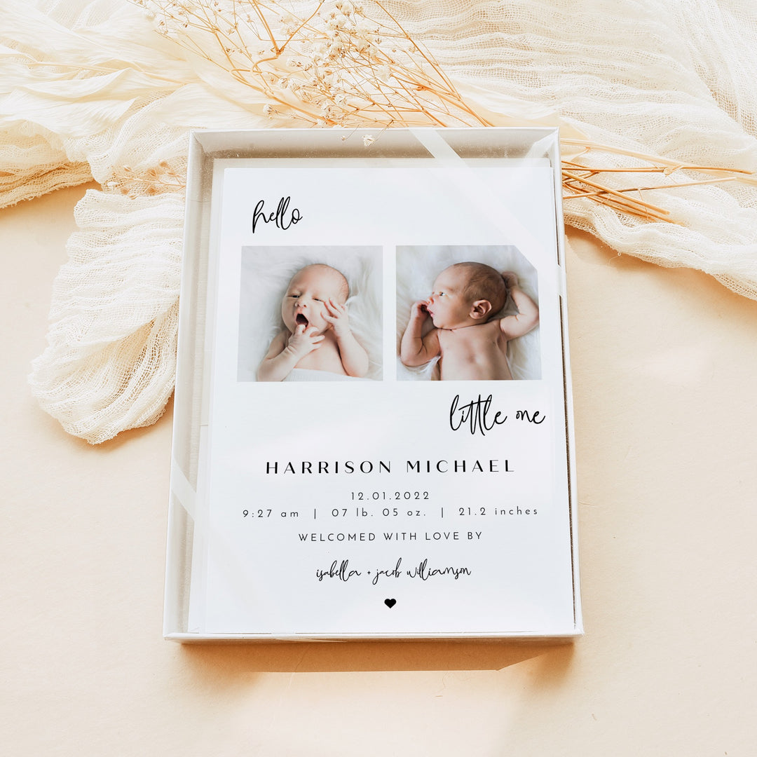 WILLOW Black & White Modern Minimalist Hello Little One Birth Announcement Photo Card