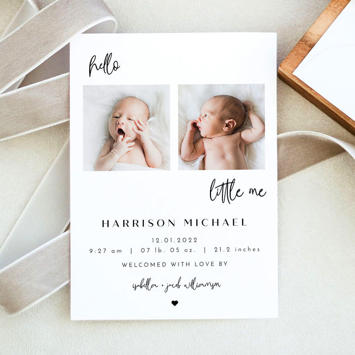 WILLOW Black & White Modern Minimalist Hello Little One Birth Announcement Photo Card