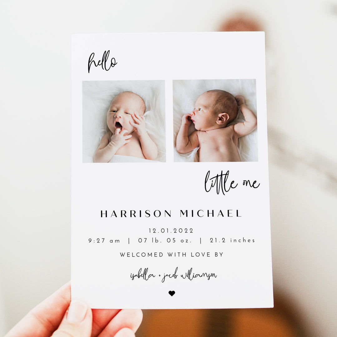 WILLOW Black & White Modern Minimalist Hello Little One Birth Announcement Photo Card