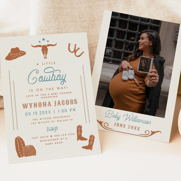WYNONA Little Cowboy On the Way Blue Western Baby Shower Invitation Suite