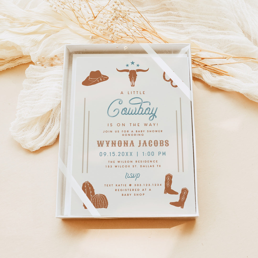 WYNONA Little Cowboy On the Way Blue Western Baby Shower Invitation Suite