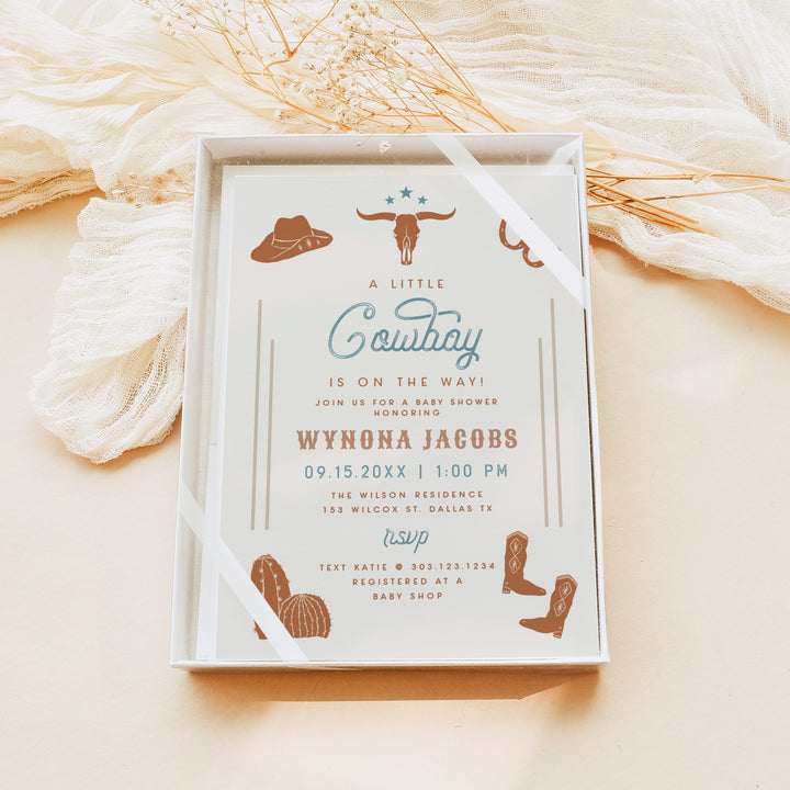 WYNONA Little Cowboy On the Way Blue Western Baby Shower Invitation Suite
