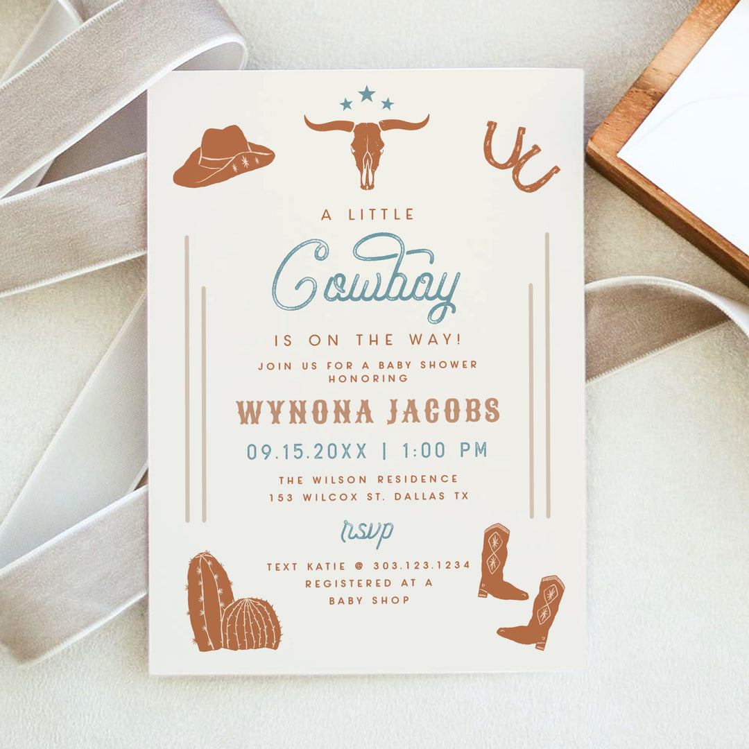 WYNONA PiBlue Cowboy On The Way Rodeo Baby Shower Invitation