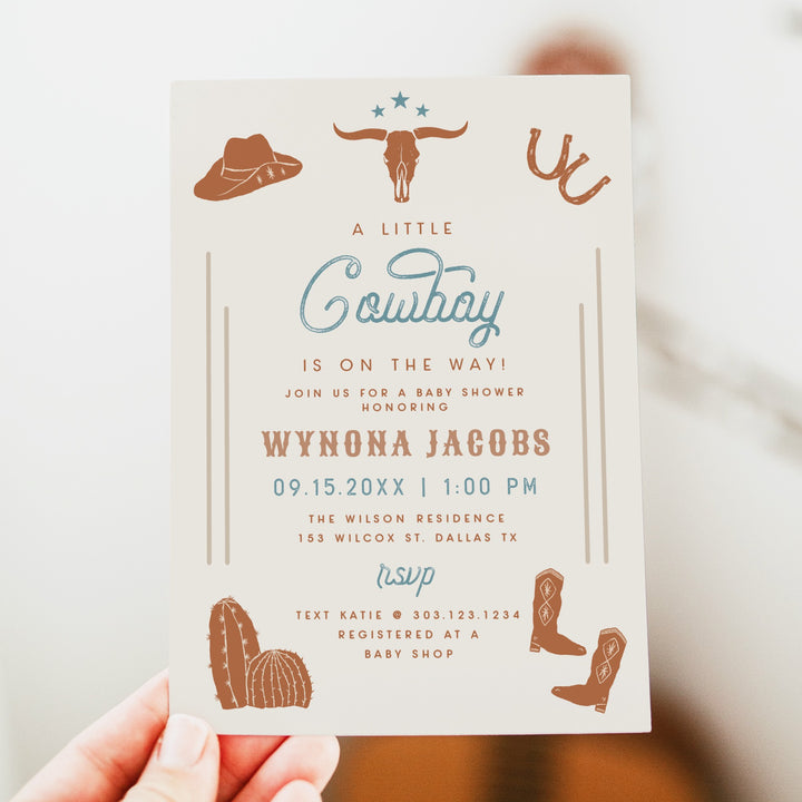 WYNONA PiBlue Cowboy On The Way Rodeo Baby Shower Invitation