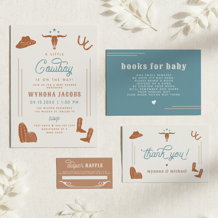 WYNONA Little Cowboy On the Way Blue Western Baby Shower Invitation Suite
