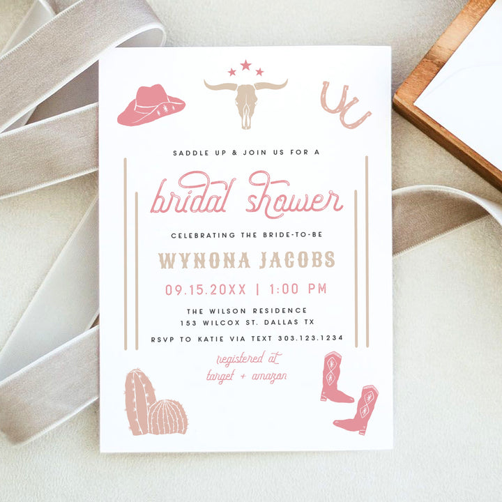 WYNONA Saddle Up Pink Western Rodeo Bridal Shower Invitation