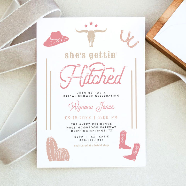 WYNONA She's Getting Hitched Pink Western Rodeo Bridal Shower Invitation