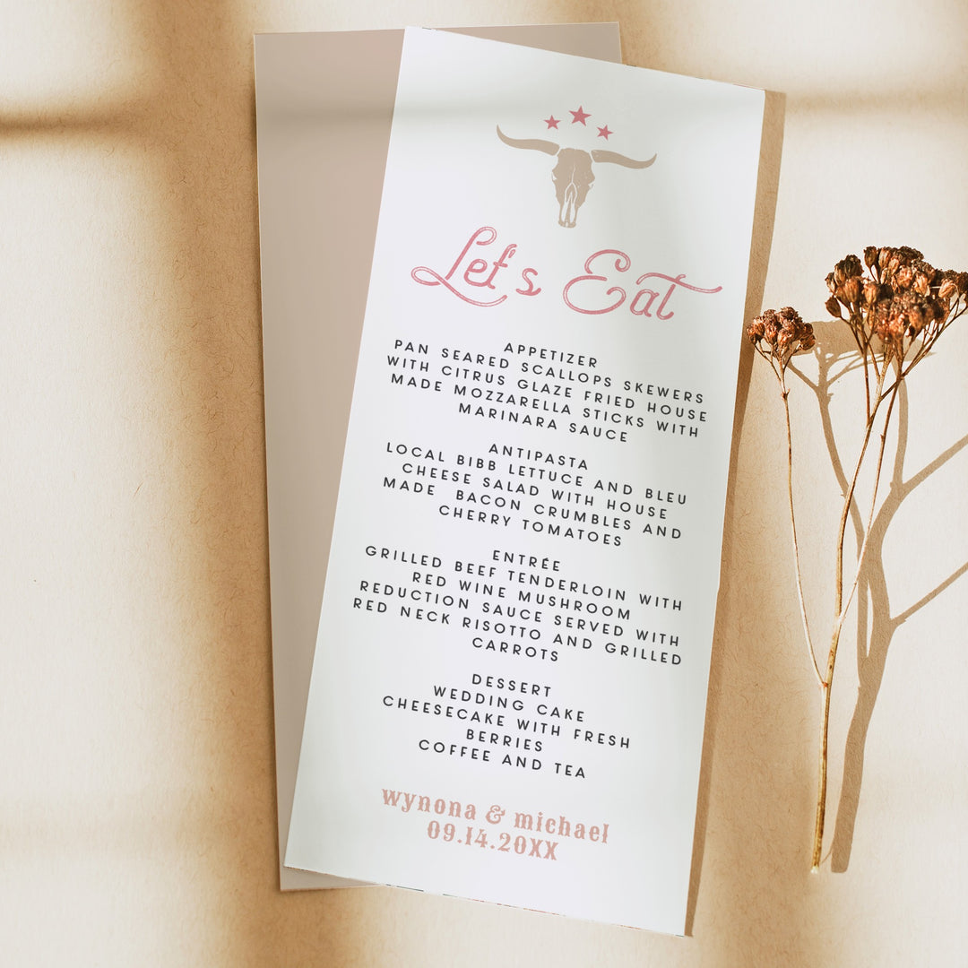 WYNONA Rodeo Cowgirl Pink Western Menu Cards