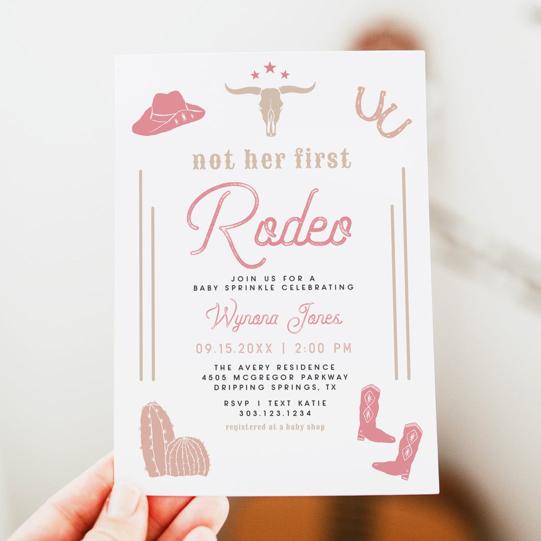 WYNONA Not Her First Rodeo Pink Western Baby Shower Sprinkle Invitation