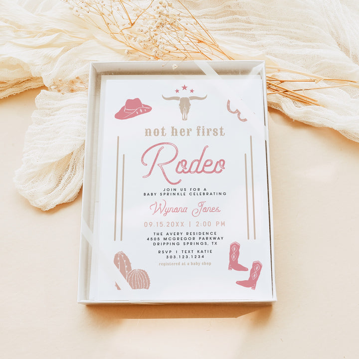 WYNONA Not Her First Rodeo Pink Western Baby Shower Sprinkle Invitation
