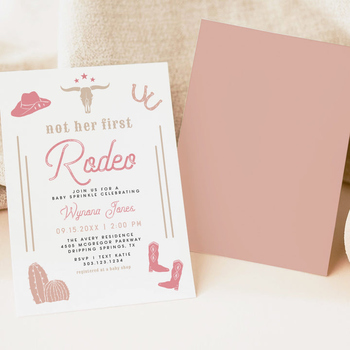 WYNONA Not Her First Rodeo Pink Western Baby Shower Sprinkle Invitation