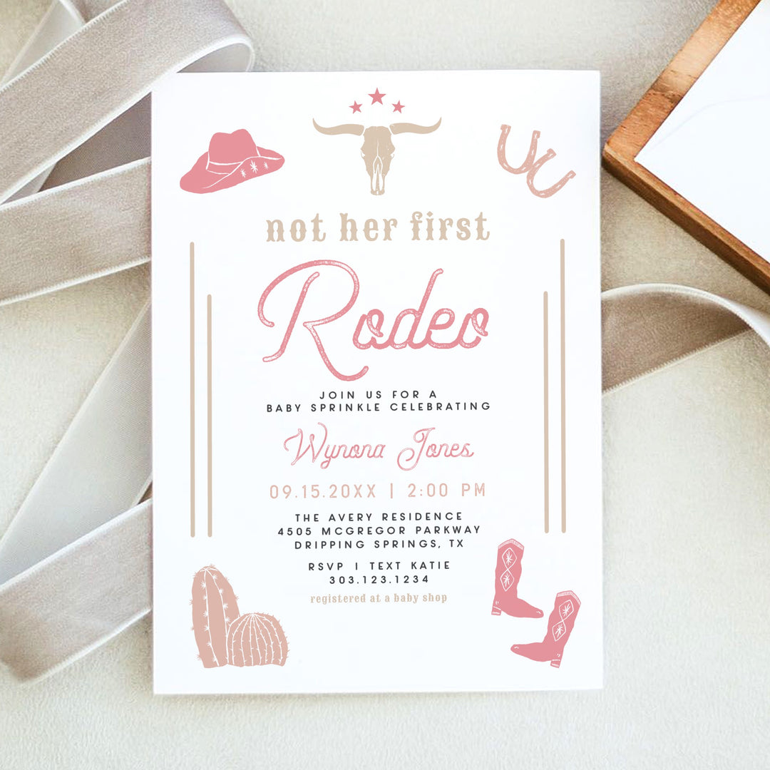 WYNONA Not Her First Rodeo Pink Western Baby Shower Sprinkle Invitation