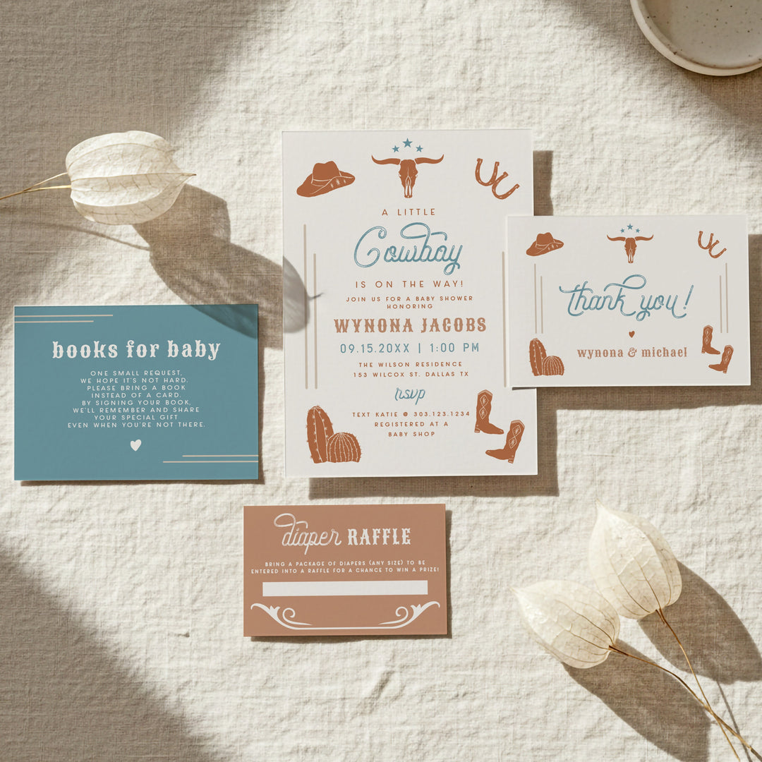 WYNONA Little Cowboy On the Way Blue Western Baby Shower Invitation Suite