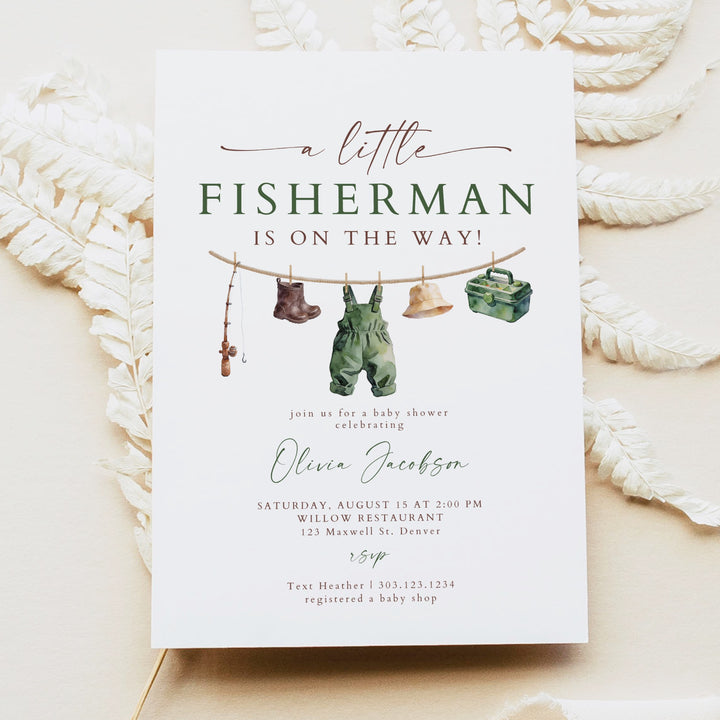 ZANDER Little Fisherman On the Way Clothesline Baby Shower Invitation